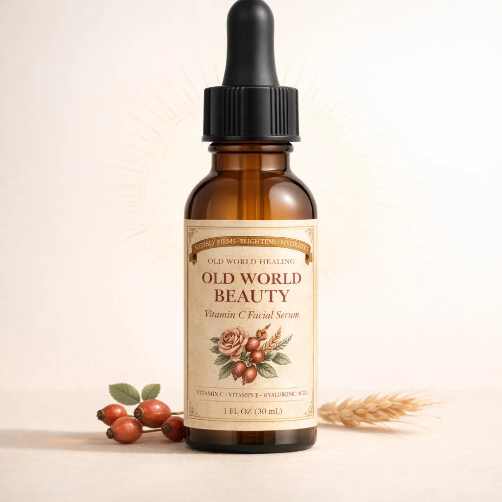 The Old World Beauty bottle with rosehips and a wheat sprig