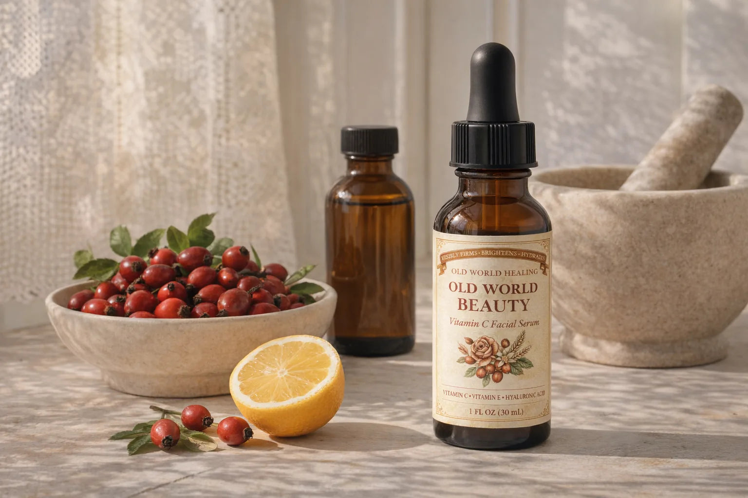 A farmhouse kitchen table with rosehips, citrus, wheat germ oil, a stone mortar and the Old World Beauty bottle