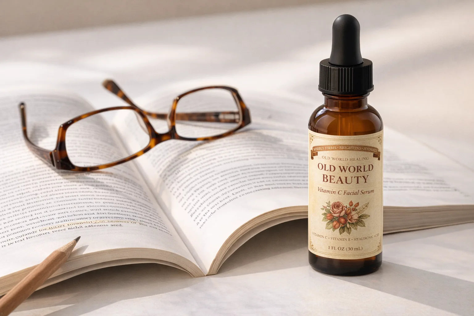 An open dermatology journal on a desk beside the bottle and reading glasses