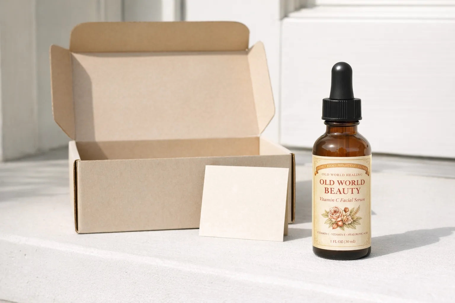 A fresh amber bottle lifted from its cream mailer box on a doorstep