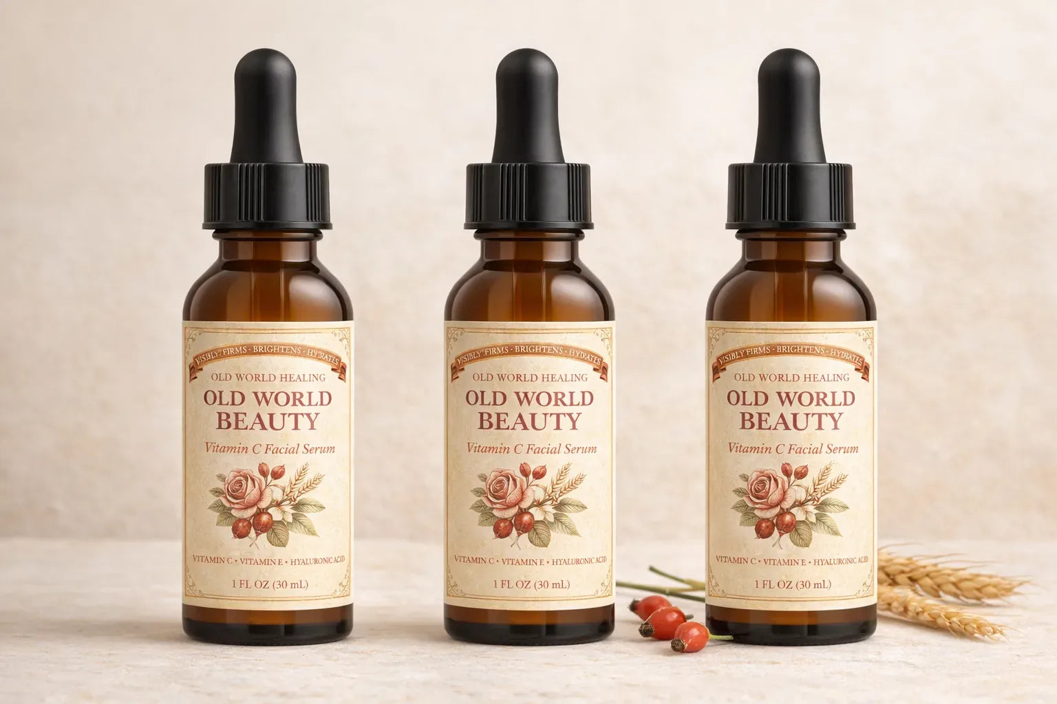 Three Old World Beauty bottles lined up on cream stone with a wheat sprig and scattered rosehips