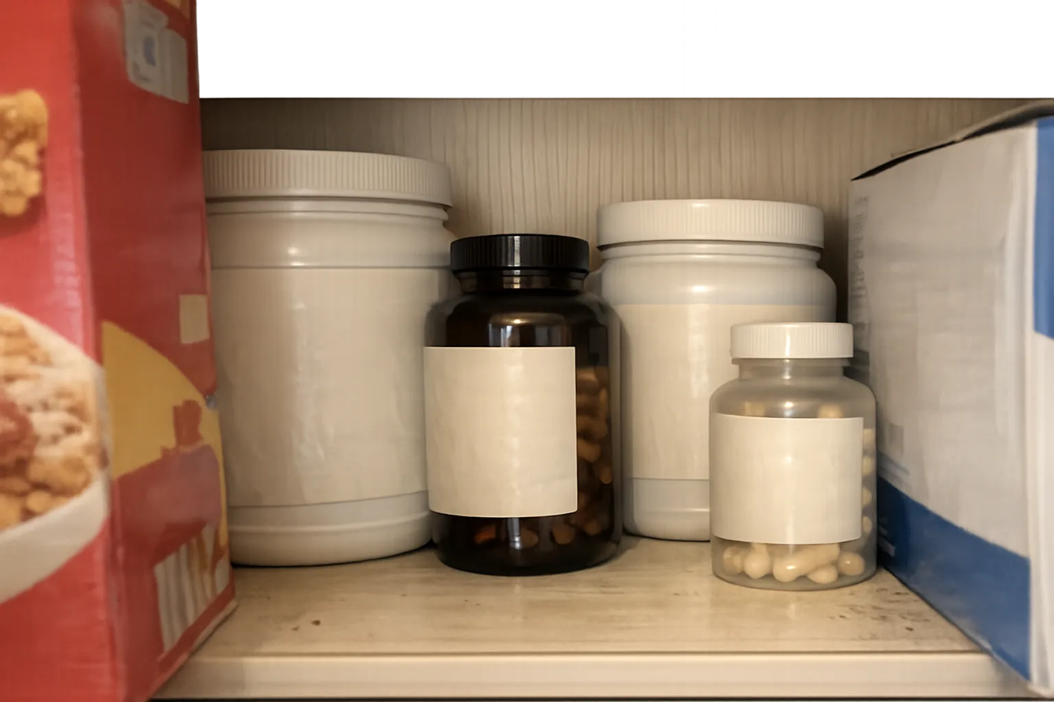 Kitchen cupboard shelf with several half-used generic supplement tubs pushed to the back