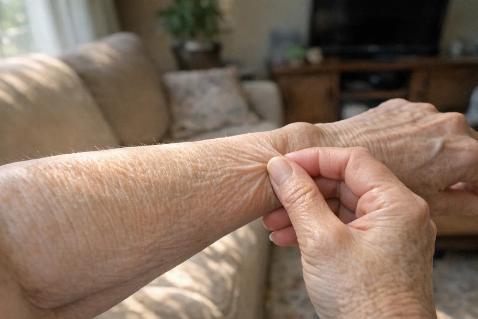 Point-of-view photo of an older adult holding up a forearm in bright window light, pinching a fold of thin skin