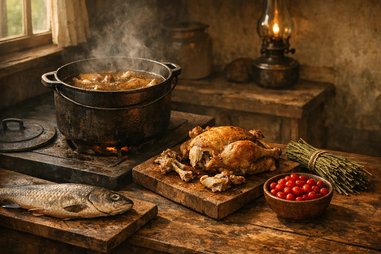Old-world farmhouse kitchen still life with a simmering pot of bone broth, a roasted bird, a whole fish, dried horsetail and red berries