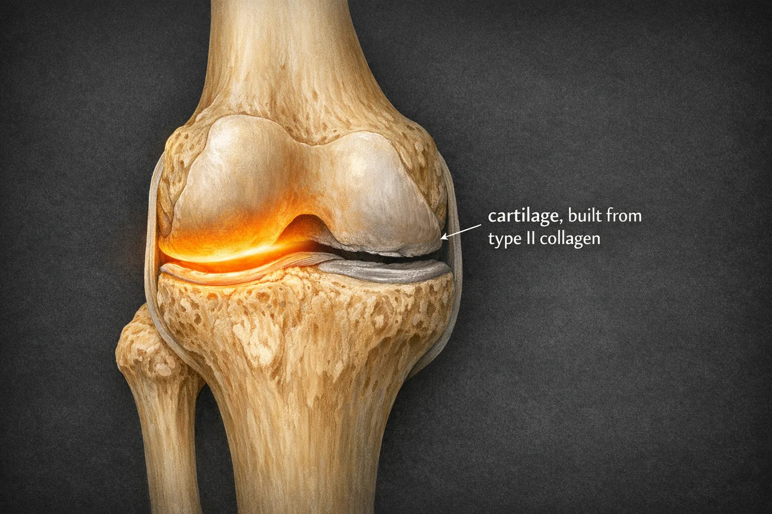 Cross-section illustration of a knee joint showing thick healthy cartilage on one side and thin dull cartilage on the other