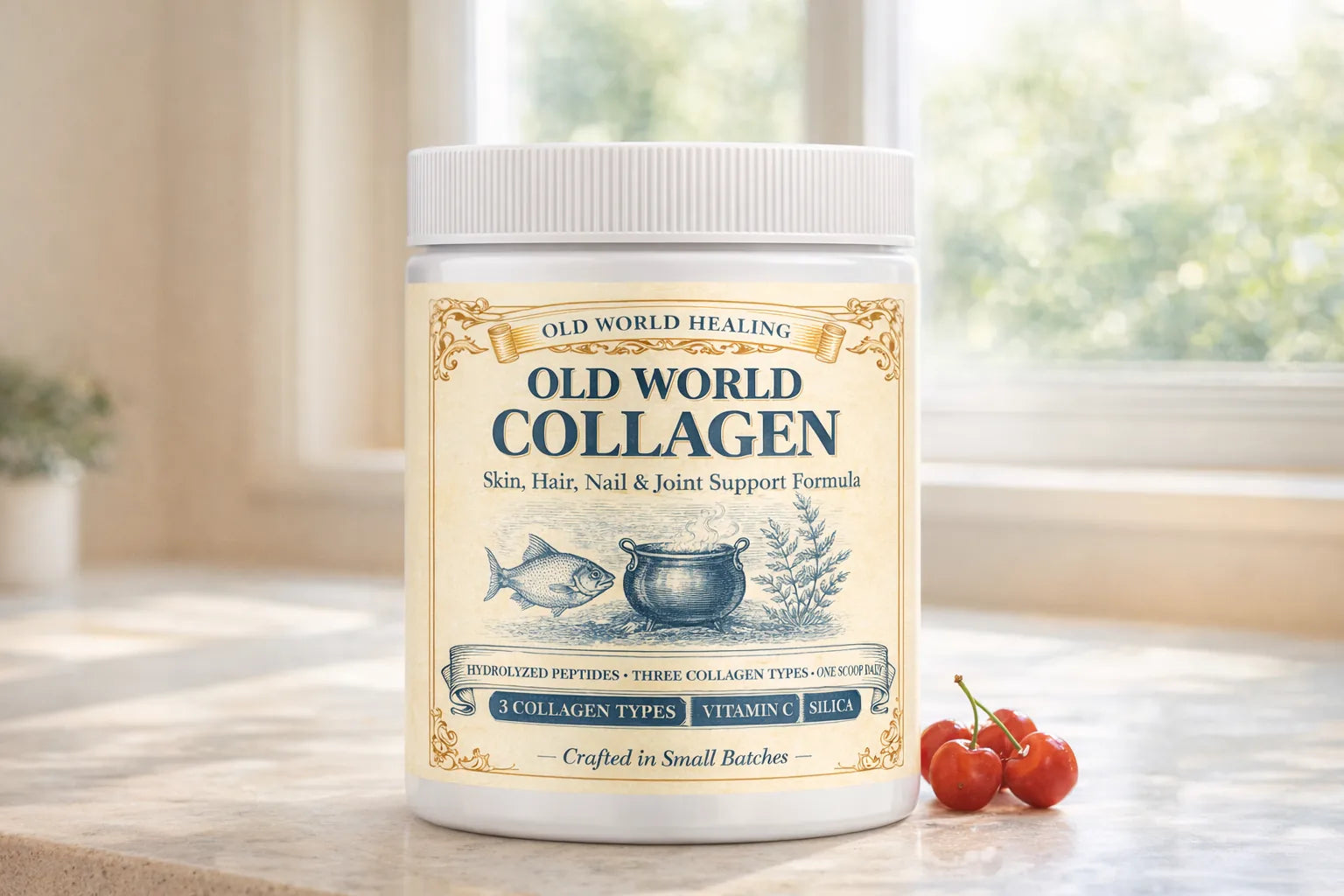 Old World Collagen tub on a sunlit kitchen counter beside red acerola berries