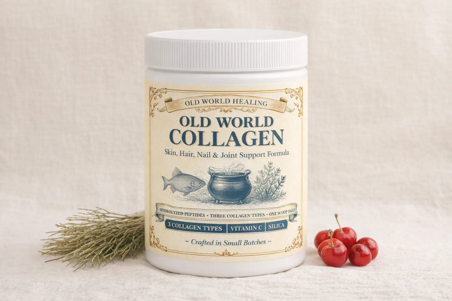 Old World Collagen tub on cream linen beside dried horsetail and acerola berries