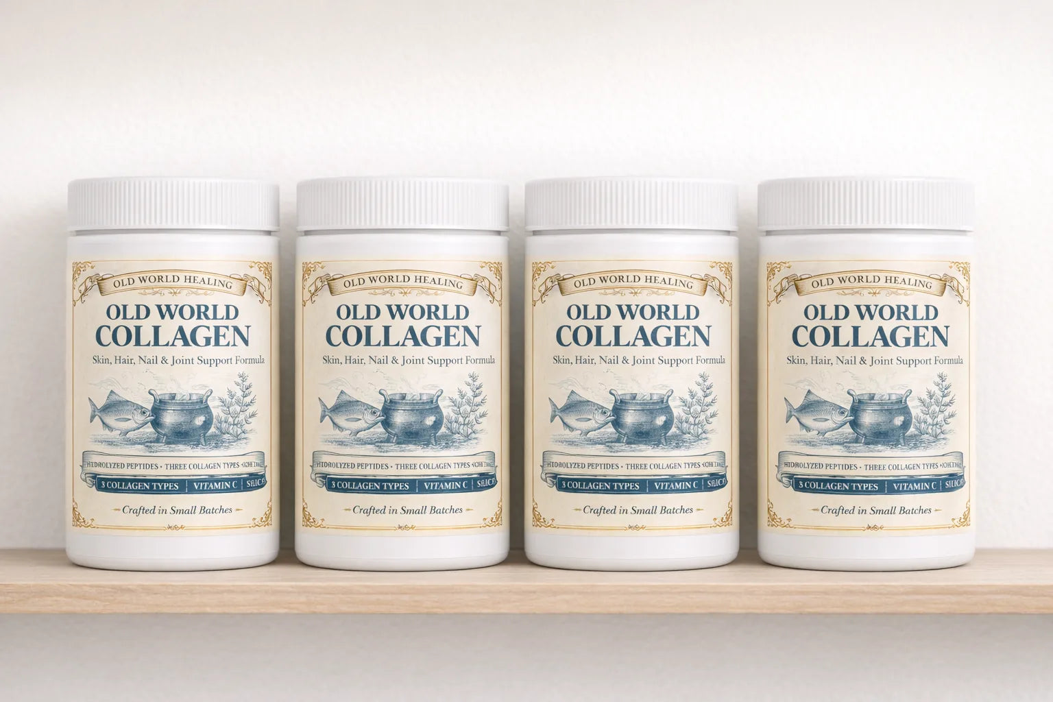 Four Old World Collagen tubs standing in a neat row on a pale wooden shelf