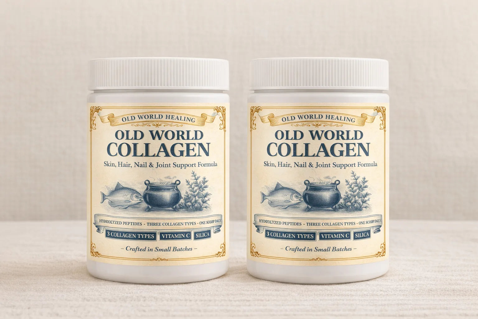 Two Old World Collagen tubs side by side on cream linen
