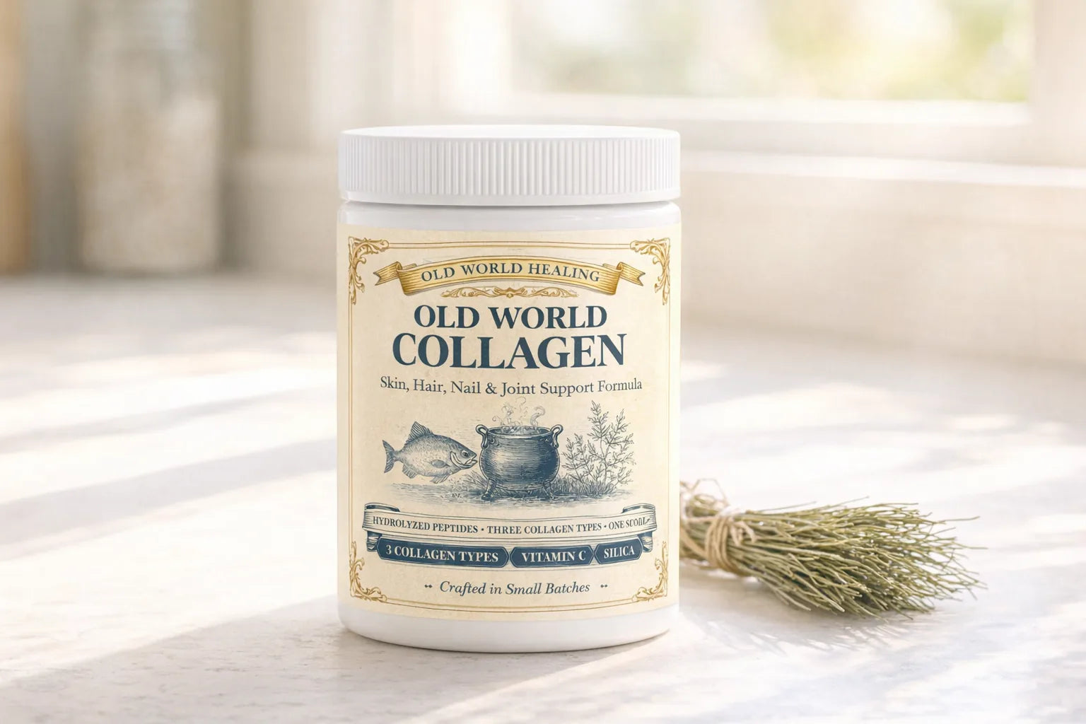 Old World Collagen tub on a sunlit kitchen counter beside a bundle of dried horsetail