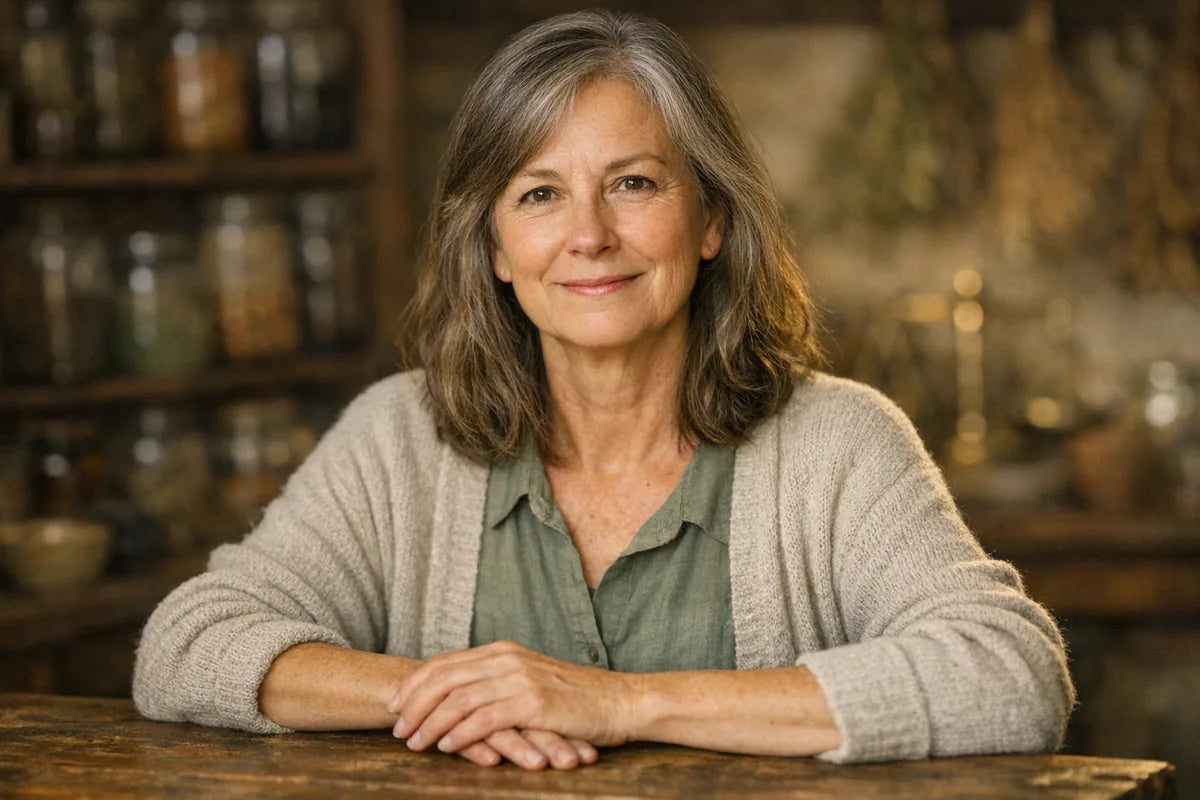 Mary Miller, herbalist and natural health researcher at Old World Healing, at her workbench