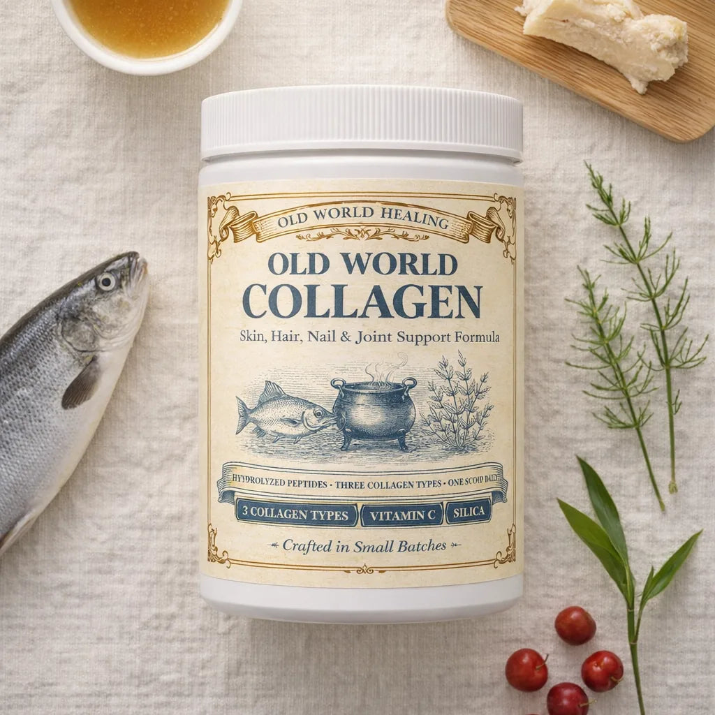 The Old World Collagen tub surrounded by its real sources: bone broth, chicken joint ends, whole cod, horsetail, bamboo and acerola cherries
