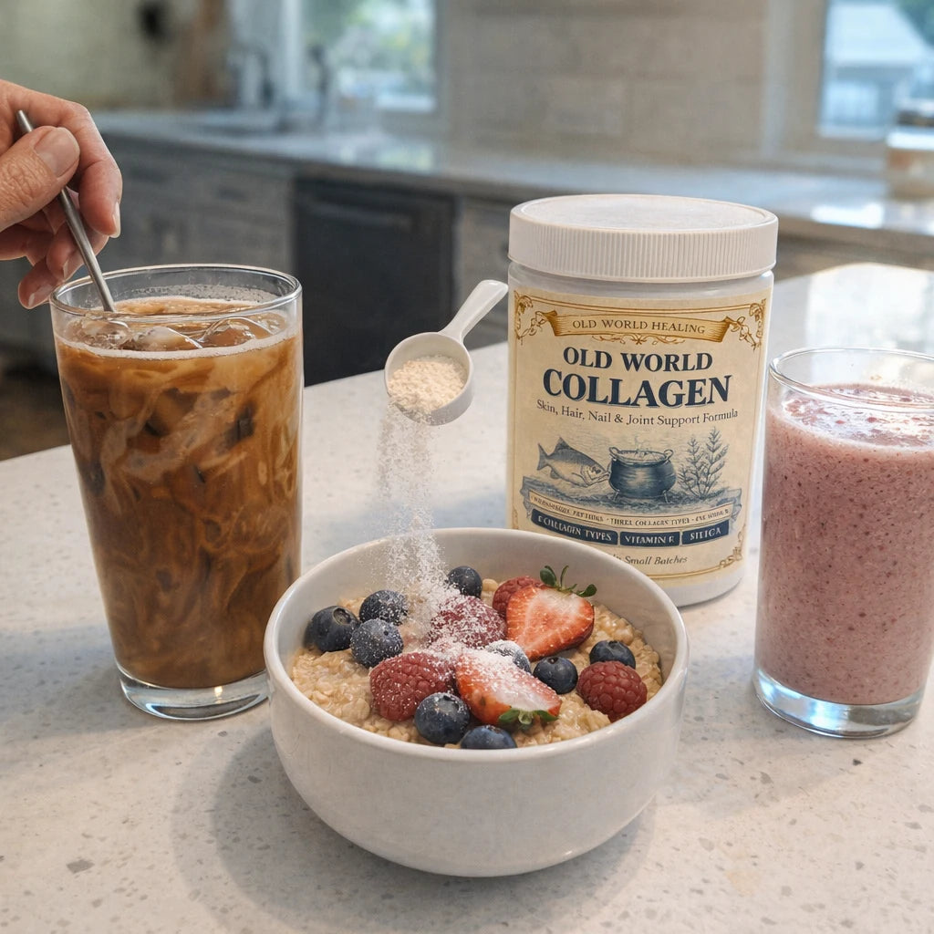 Close up of one level scoop of Old World Collagen powder over the open tub