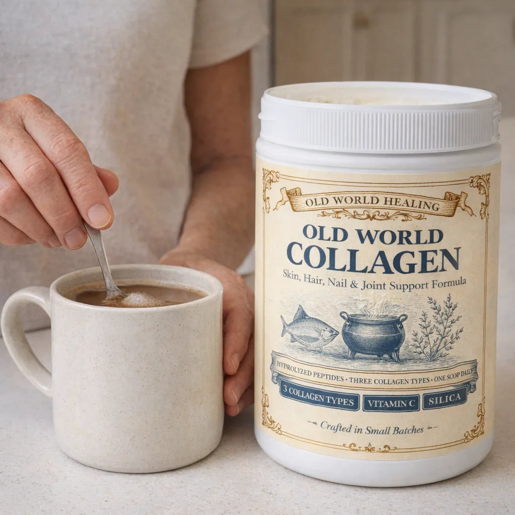 Someone stirring Old World Collagen into a mug of coffee at a bright kitchen counter