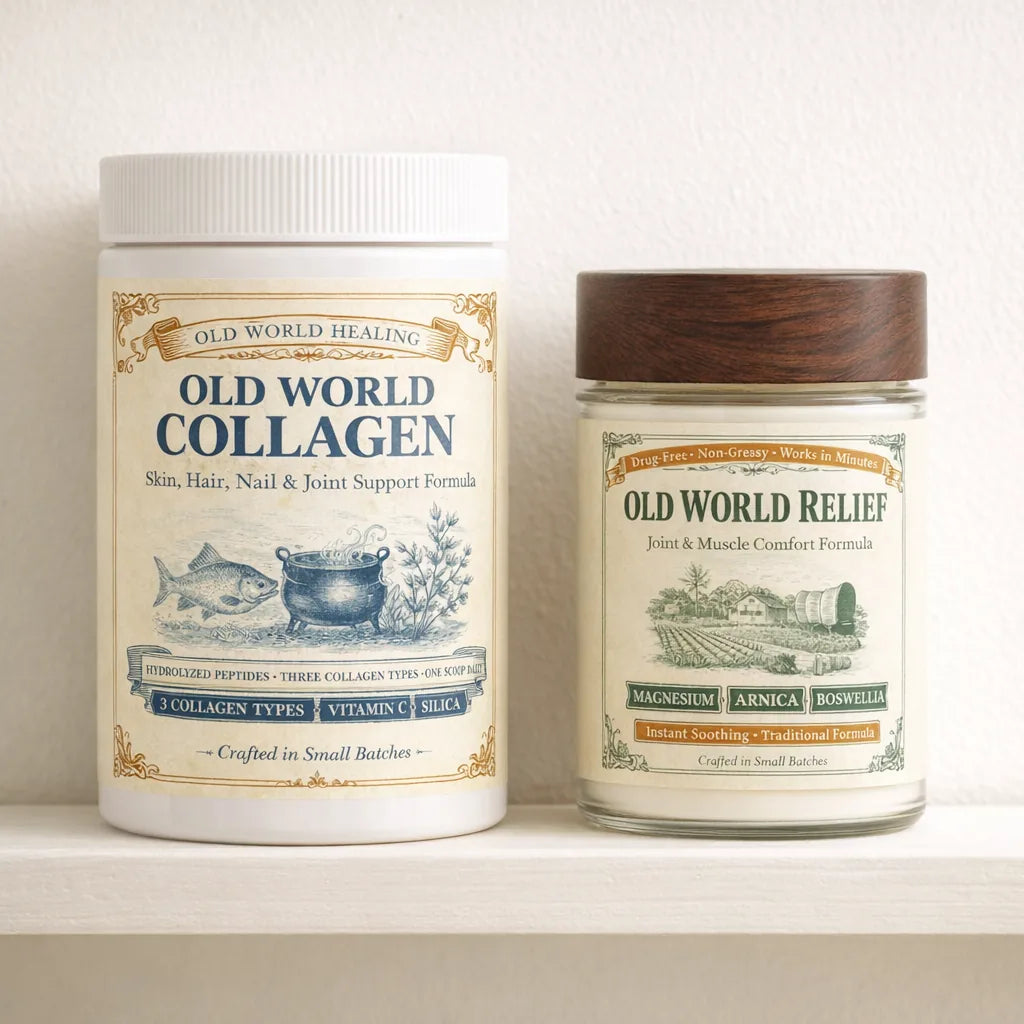 Old World Collagen tub beside the Old World Relief jar on a warm cream shelf