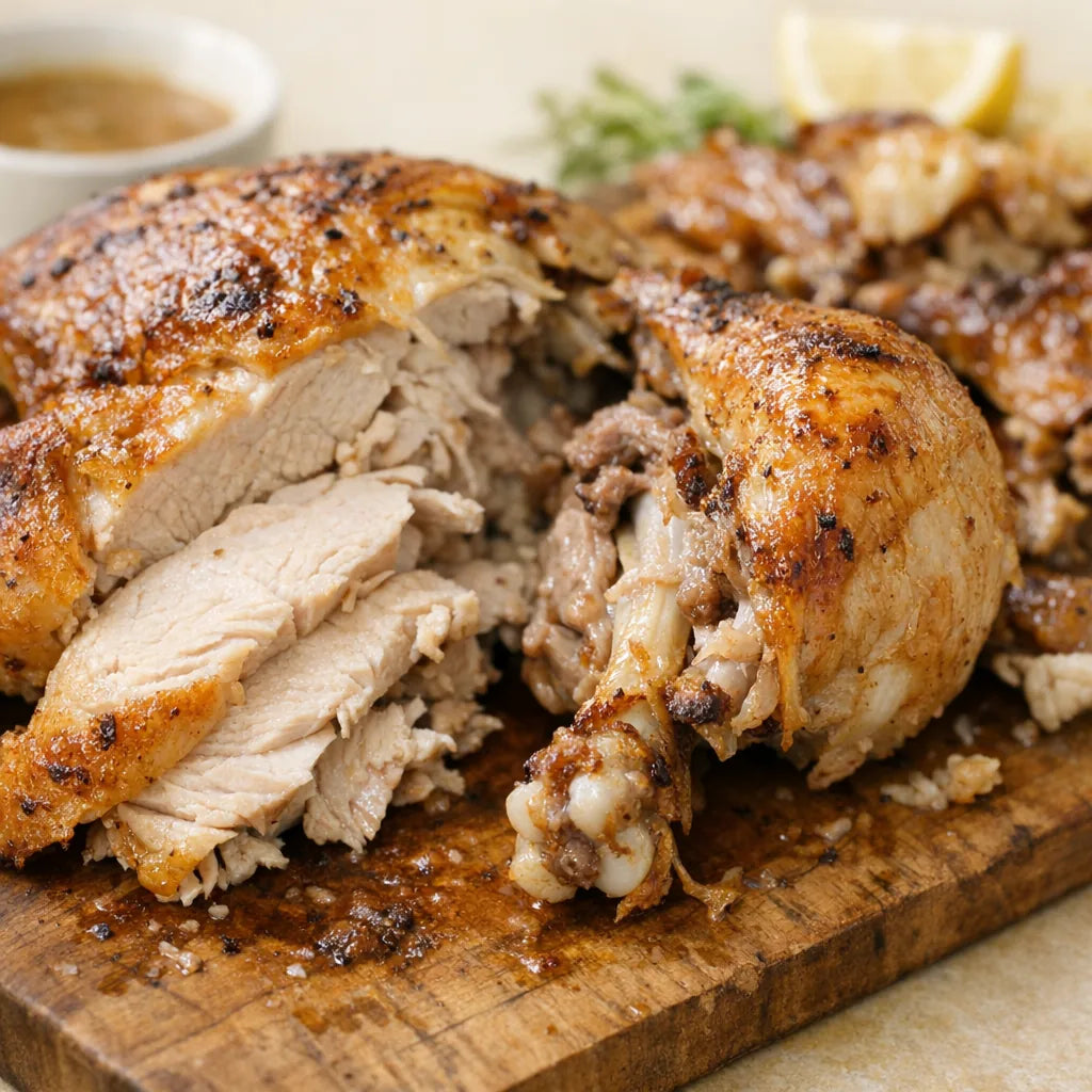 A whole roasted bird on a board with the joint ends visible