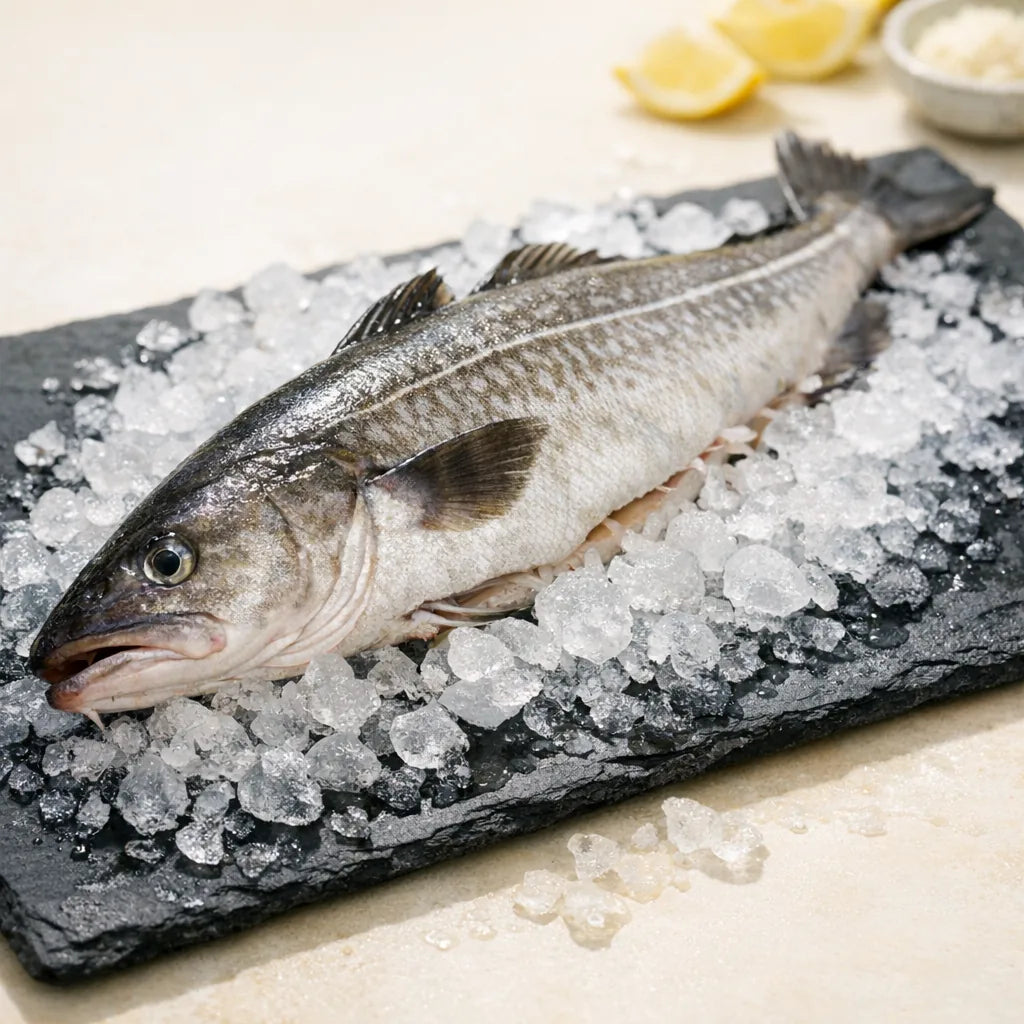 A whole cod on ice on a slate board