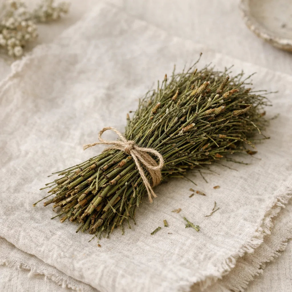 A bundle of dried horsetail herb tied with string
