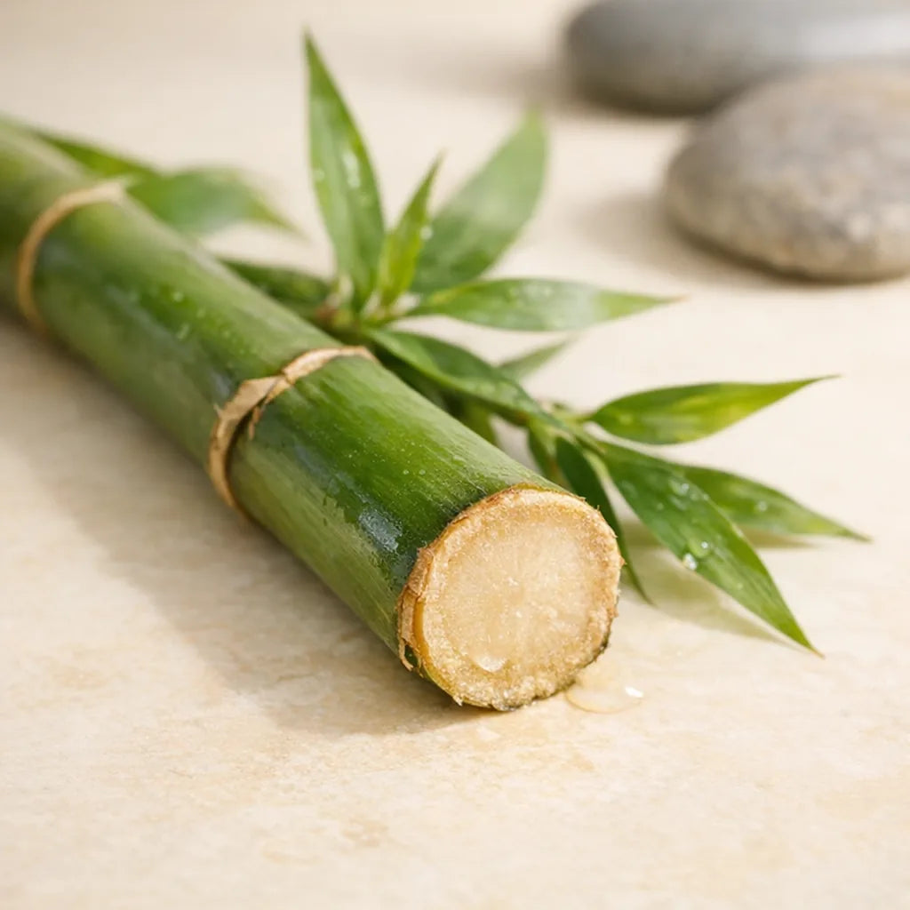 A cut bamboo stem with fresh green leaves