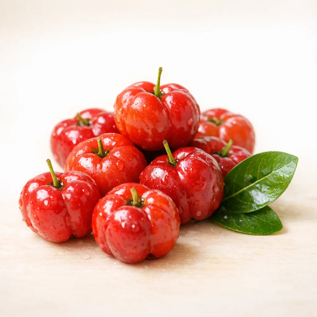A small pile of bright red acerola cherries