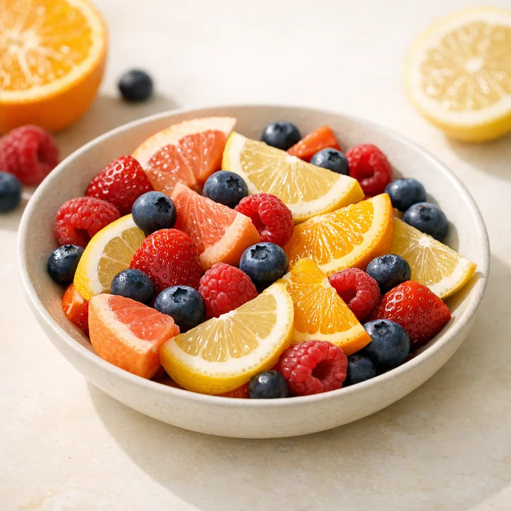 A bowl of citrus and bright berries