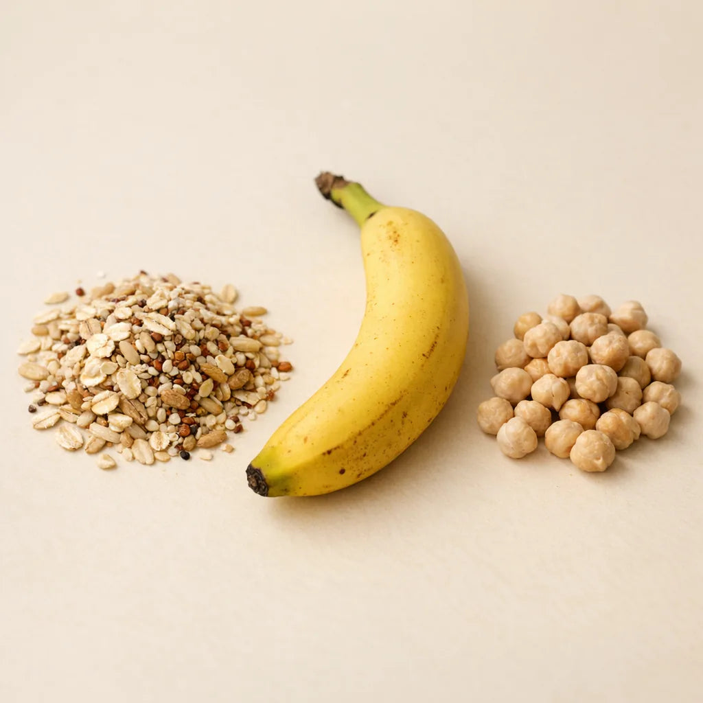 Whole grains, a banana and a handful of chickpeas