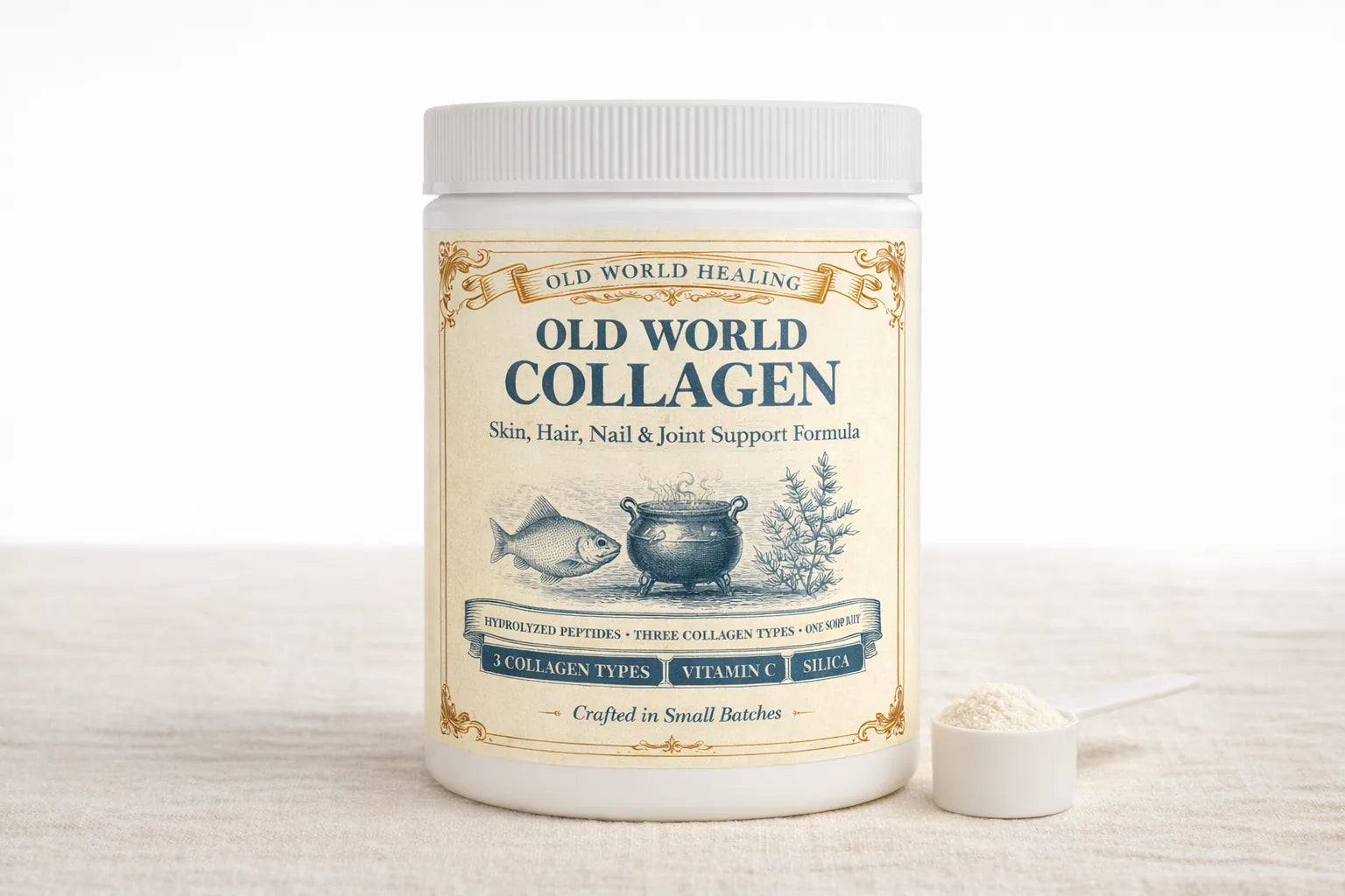 Old World Collagen tub with one full scoop of powder resting beside it