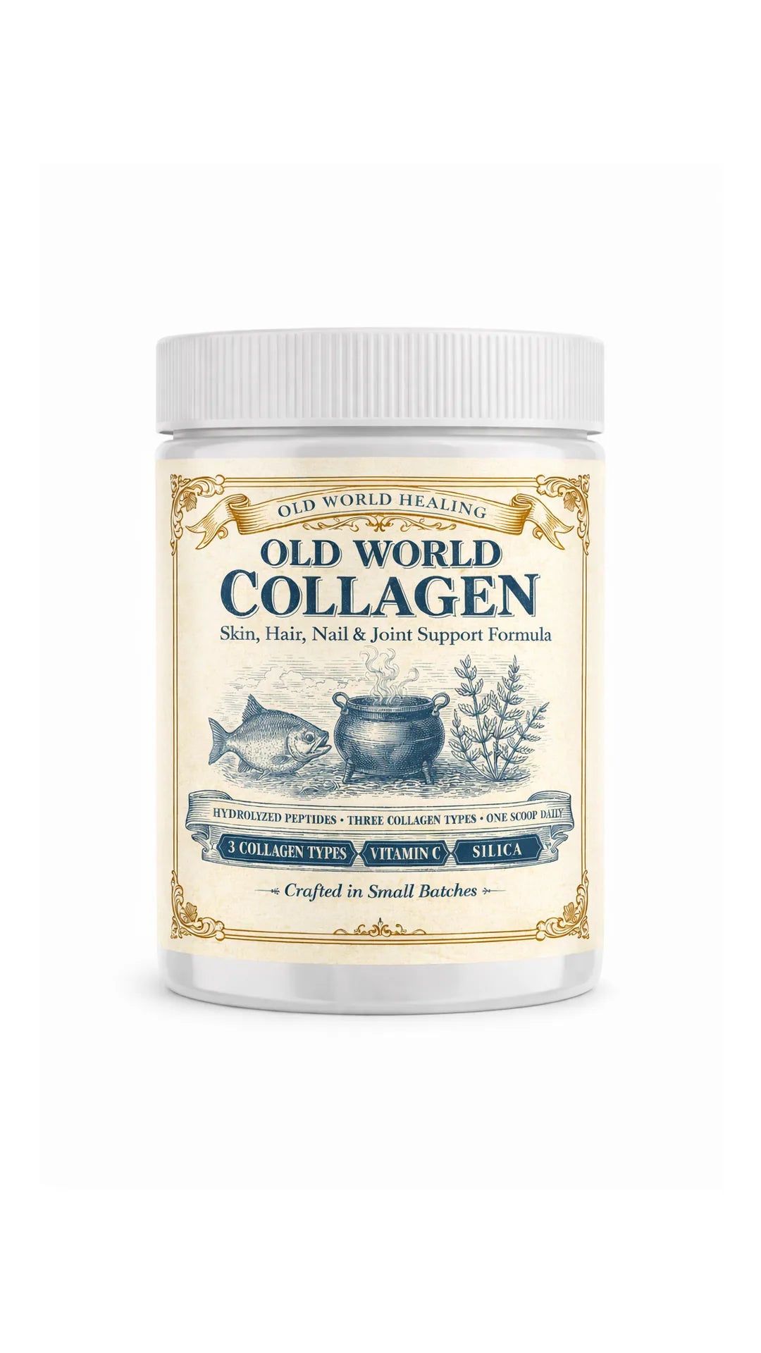 The Old World Collagen label in sharp focus