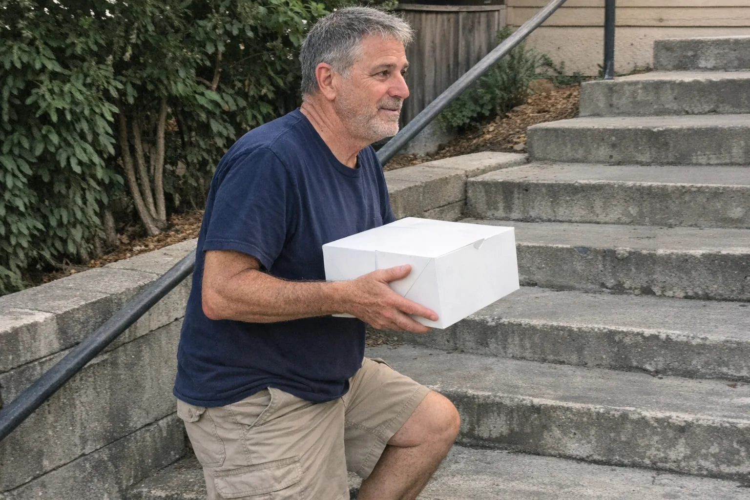 A man in his early sixties partway up an outdoor staircase carrying a cake box