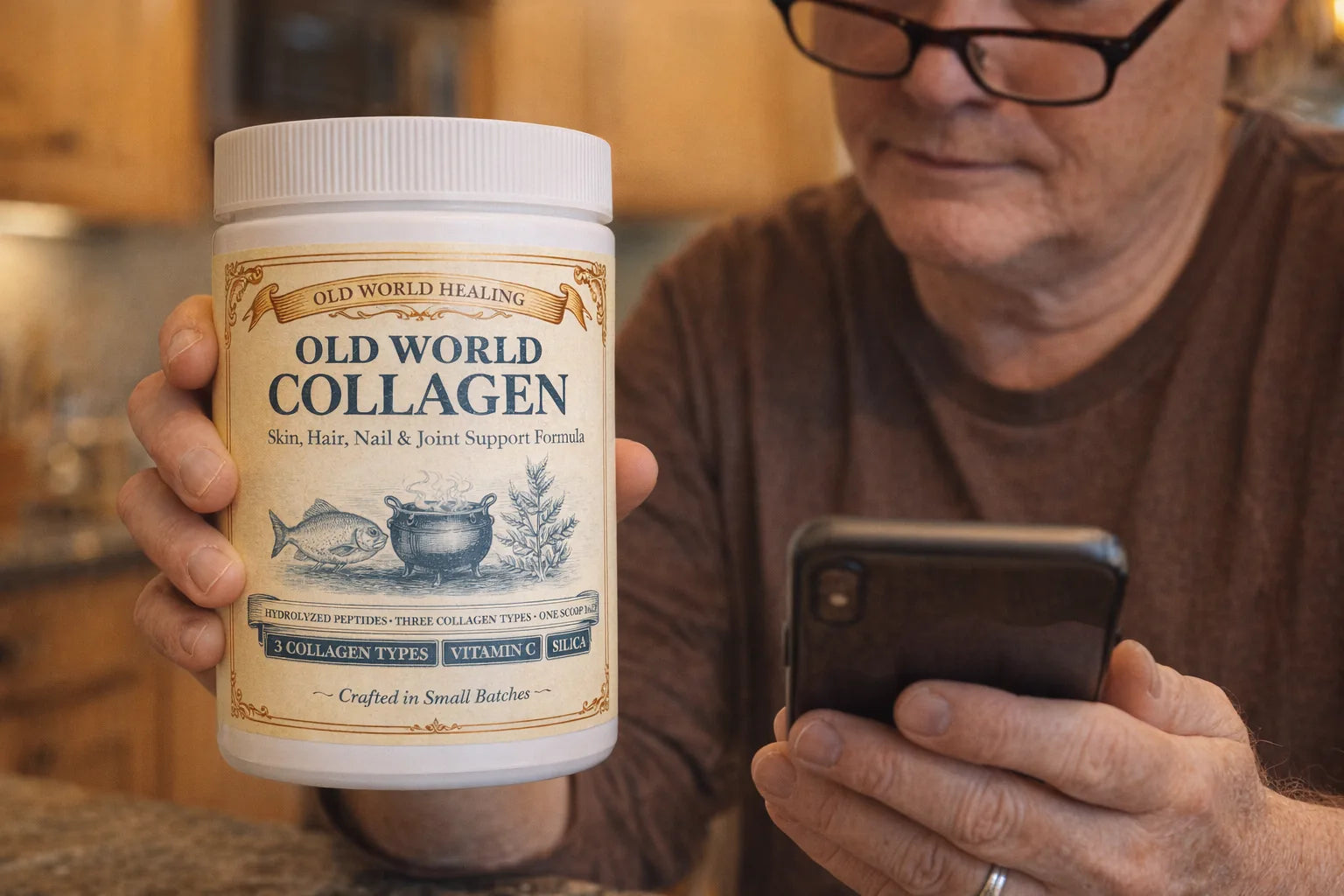Someone at a kitchen table cross-checking the Old World Collagen label against their phone