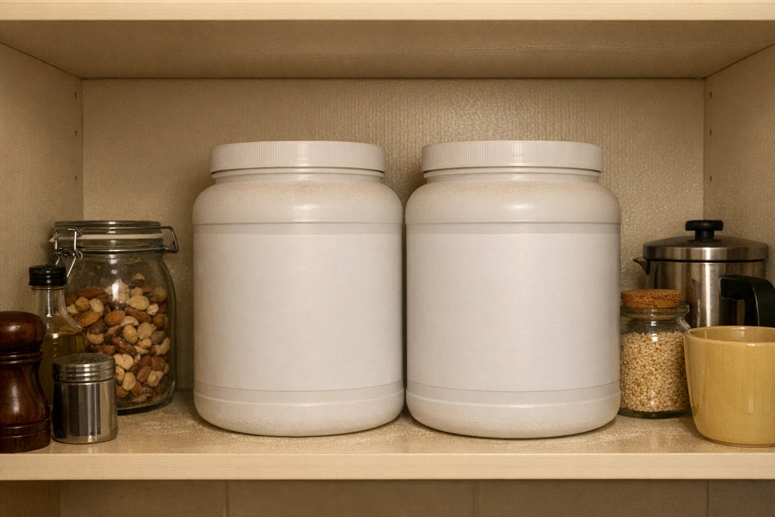 Plain unbranded collagen tubs pushed to the back of a kitchen cupboard