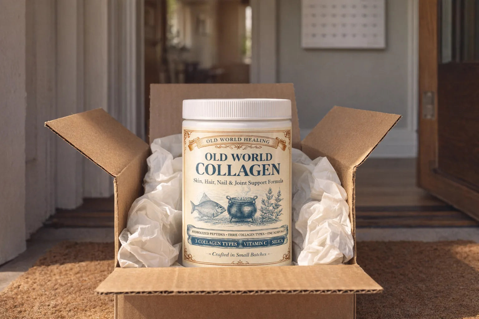 A shipping box open on a doorstep in morning light with a fresh Old World Collagen tub inside