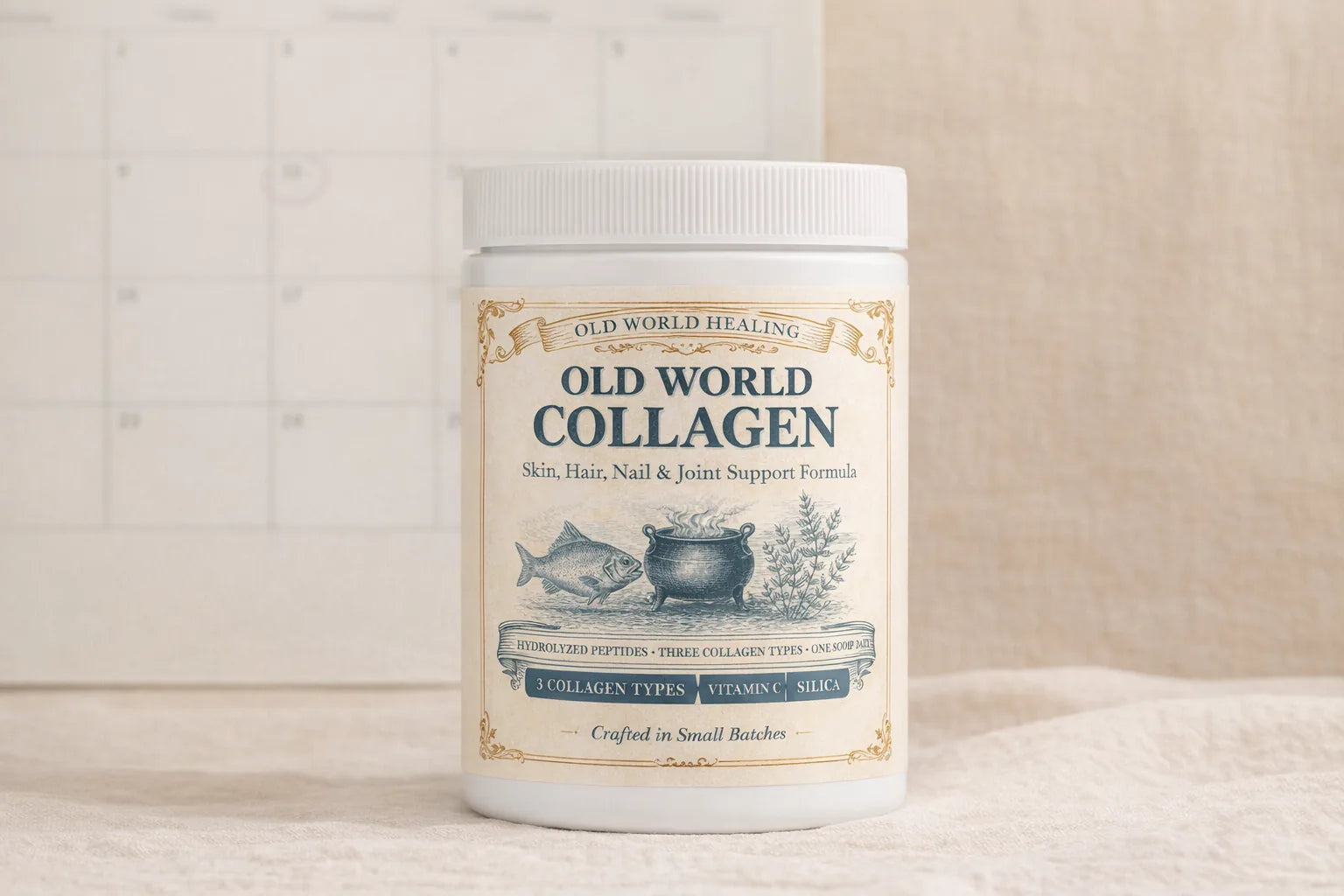 The Old World Collagen tub with a wall calendar behind it, week eight circled