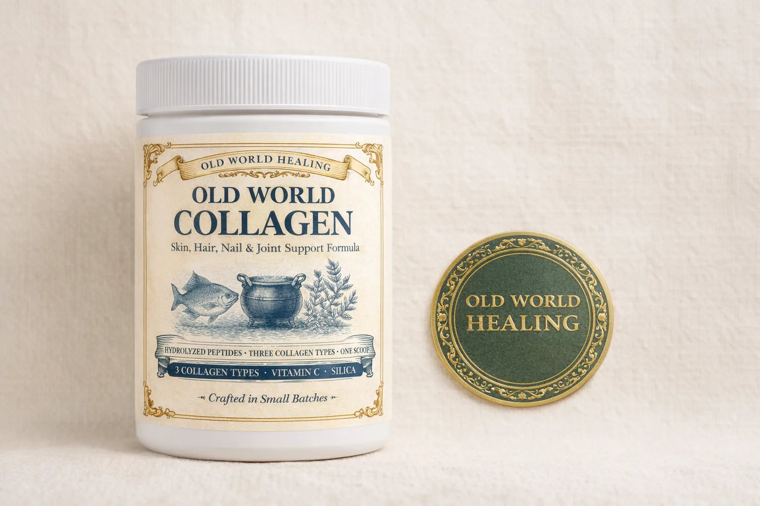 The Old World Collagen tub beside an Old World Healing seal