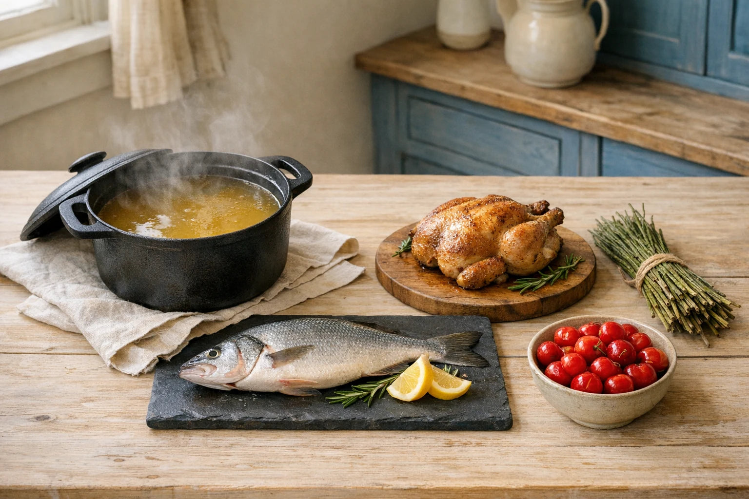 An old world kitchen still life with a simmering broth pot, whole fish, chicken and horsetail on a farmhouse table