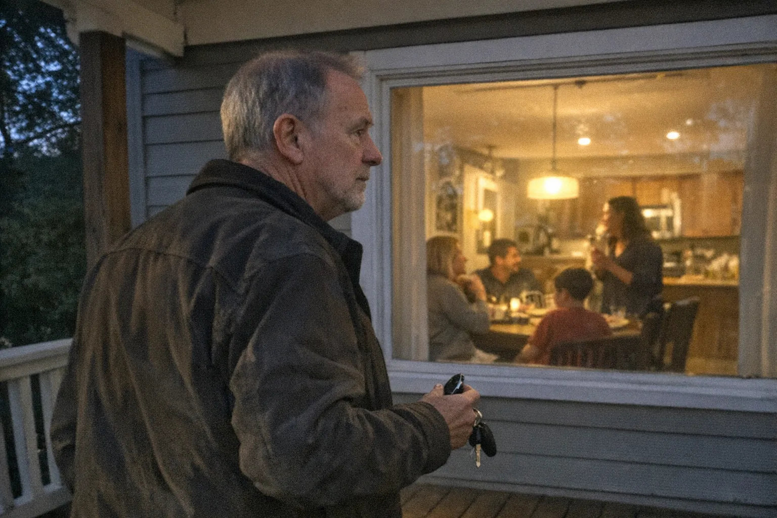 Older man alone on a porch at dusk holding car keys, looking back through a lit window at a family gathering