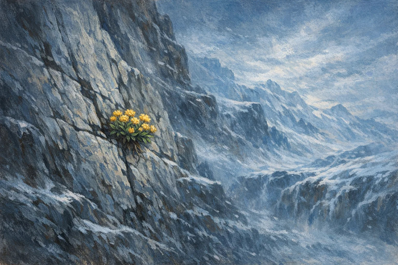 Painterly illustration of a hardy golden-flowered plant growing from a crack in a windswept Siberian cliff