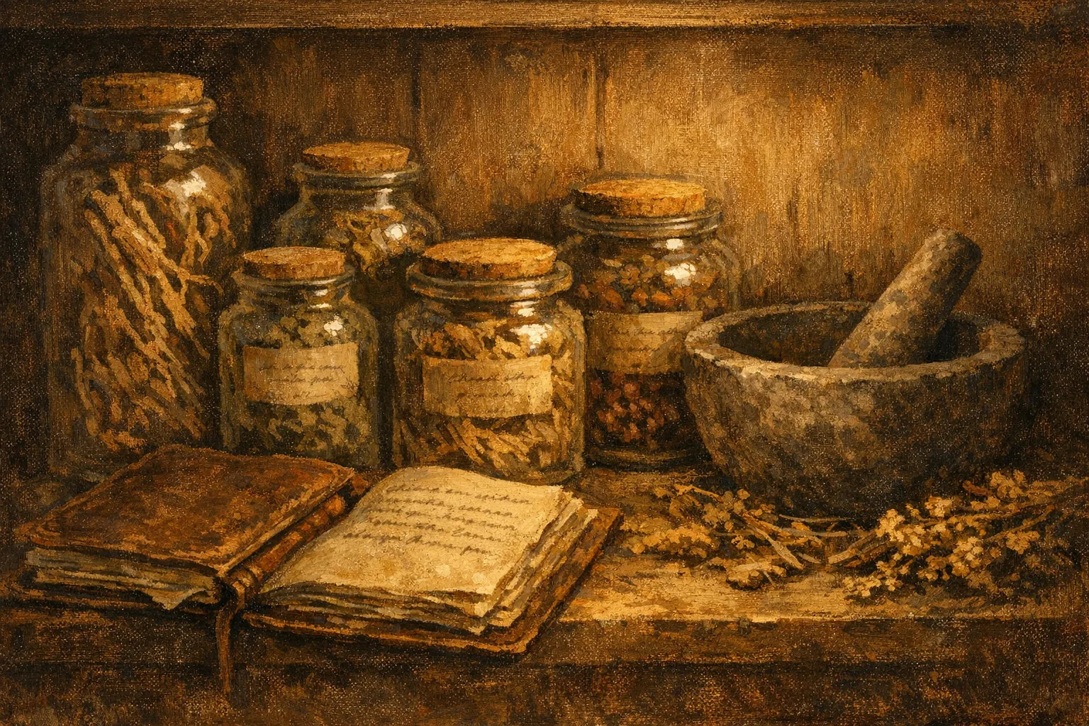 Painterly illustration of an old-world apothecary shelf with hand-labelled jars of dried root and a mortar and pestle