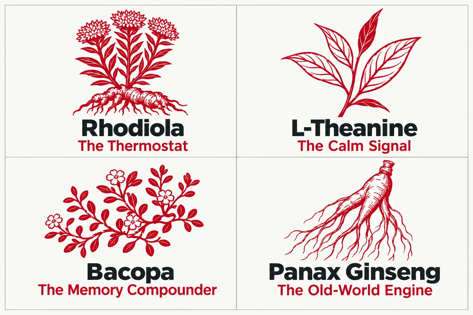 Four-panel botanical infographic showing Rhodiola, L-theanine, Bacopa and Panax ginseng with their roles