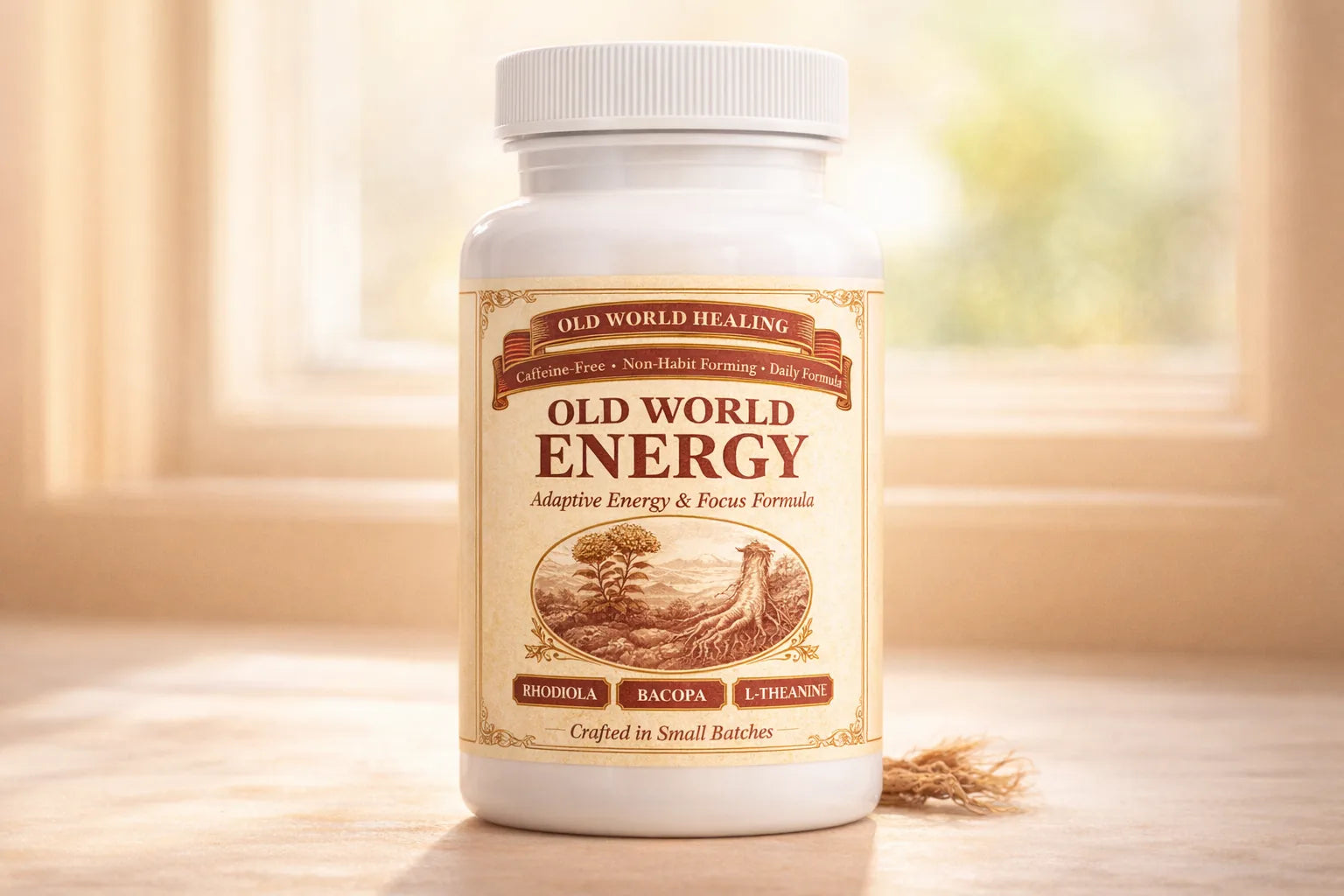 Old World Energy bottle on a warm cream surface in soft morning light beside a sprig of dried root