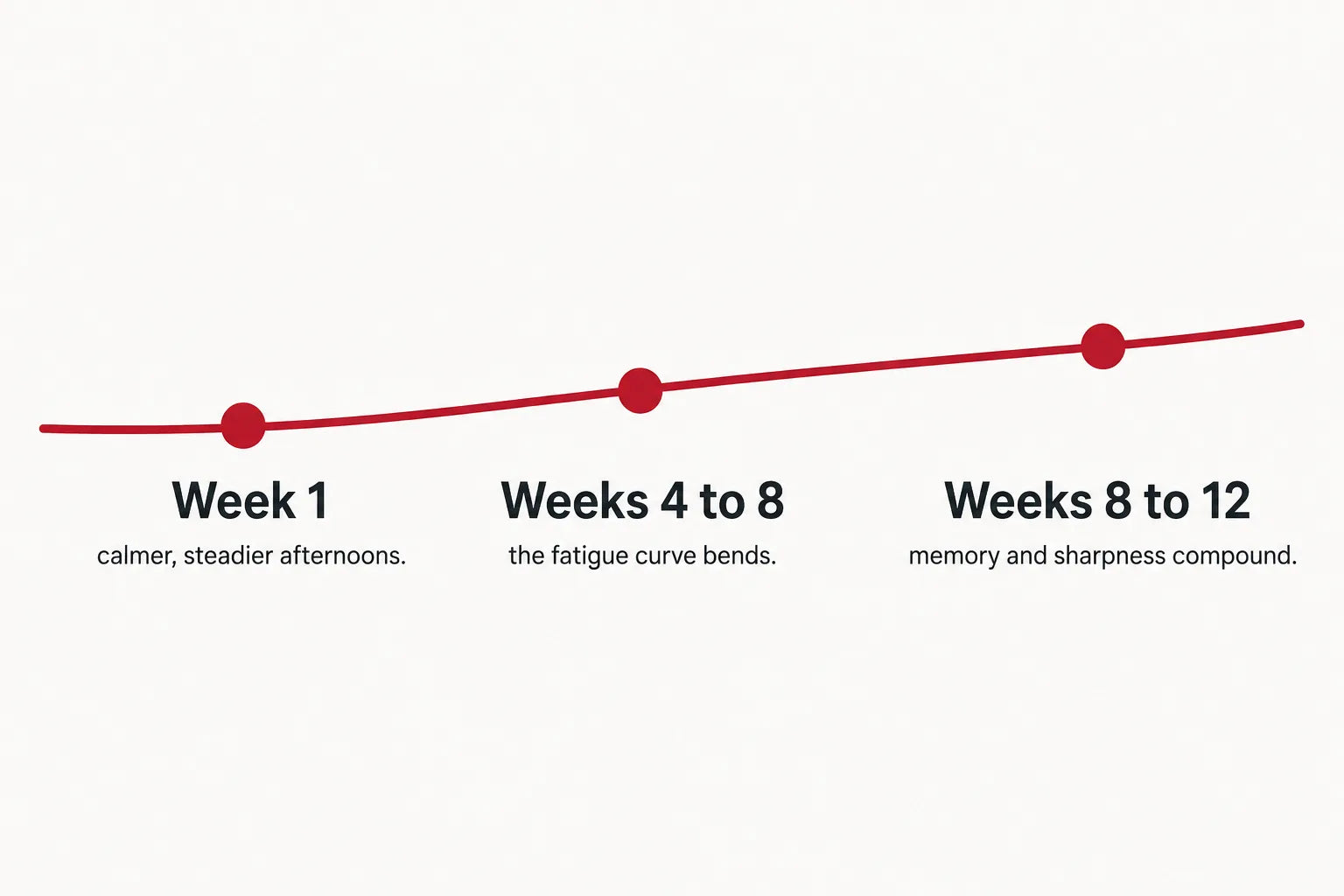 Horizontal timeline infographic marking week 1, weeks 4 to 8 and weeks 8 to 12