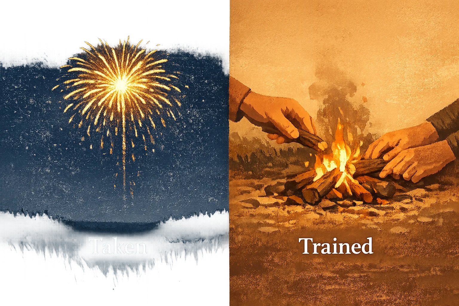 Split editorial illustration of a single firework labelled taken beside a slowly built campfire labelled trained