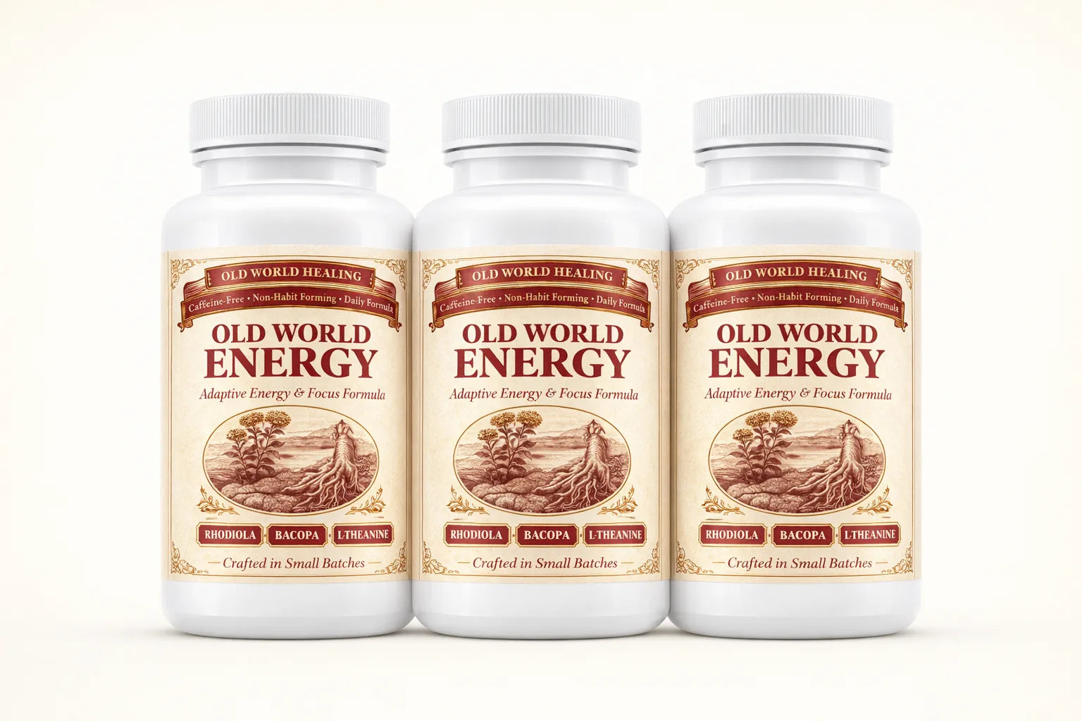 Three Old World Energy bottles on a bright warm cream surface in clean daylight