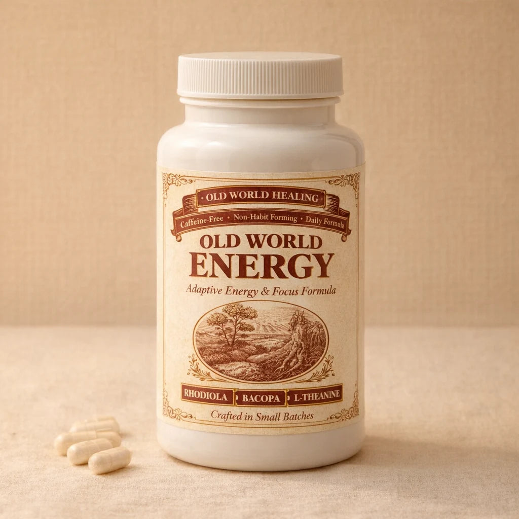 Old World Energy bottle, front of label, on a white background