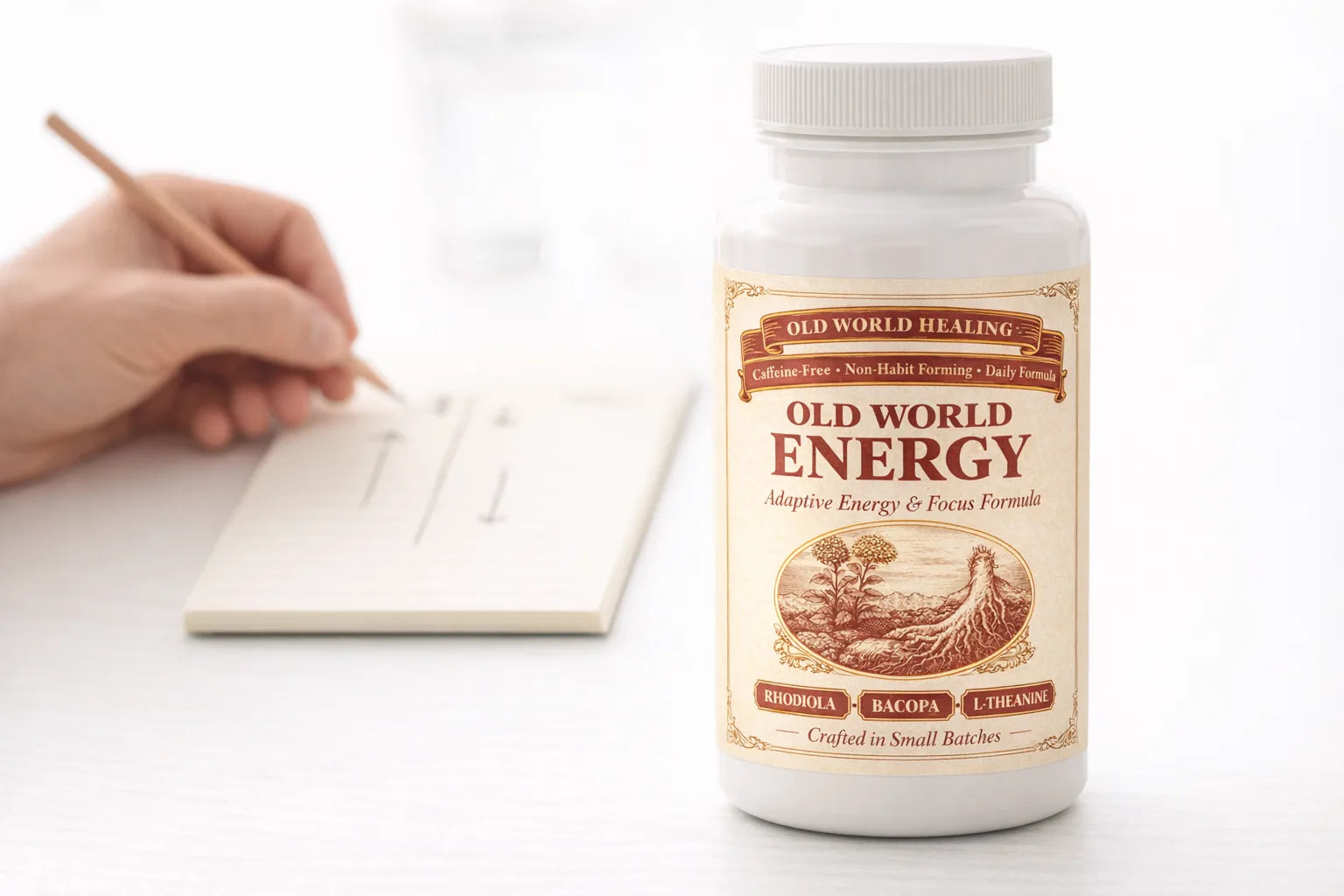 Old World Energy bottle beside a notepad where a hand is sketching a borrow column and a build column