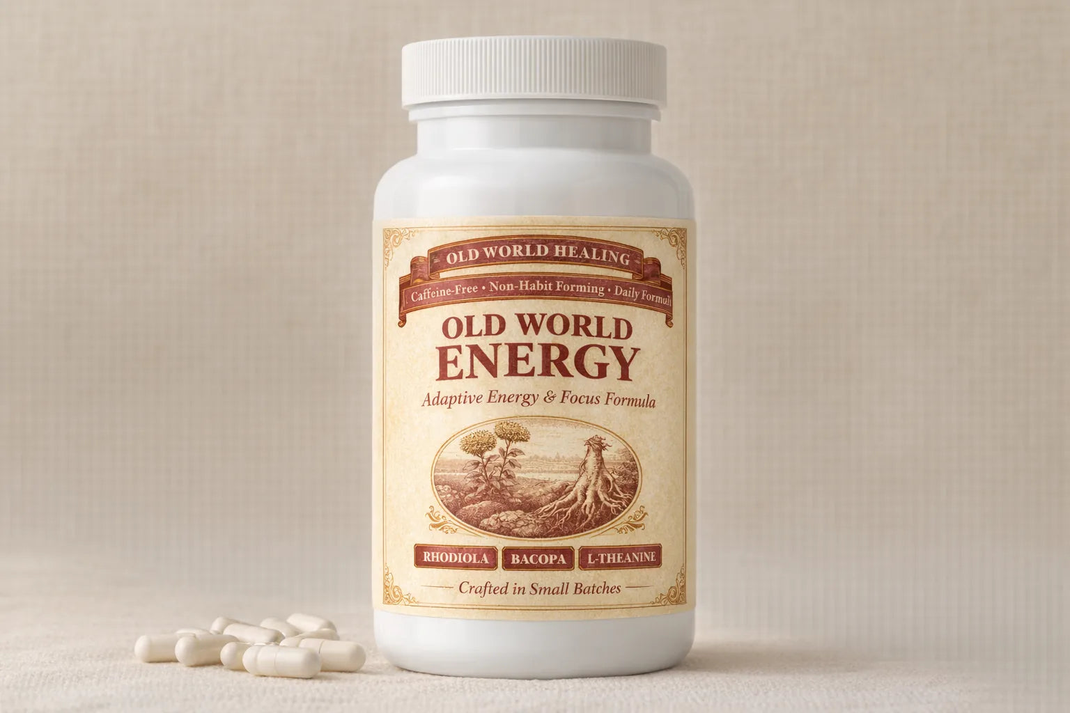 Old World Energy bottle on cream linen with loose capsules beside it