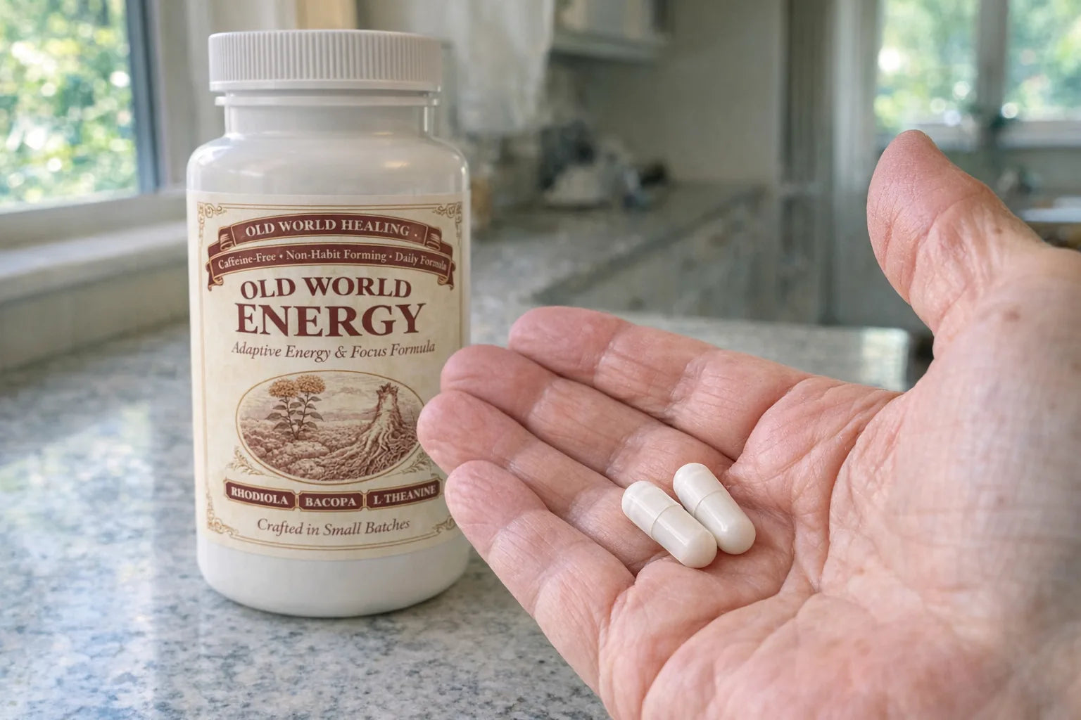 An open palm holding two Old World Energy capsules in morning light