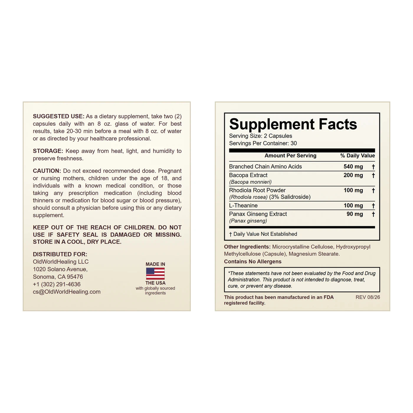 The Old World Energy Supplement Facts panel