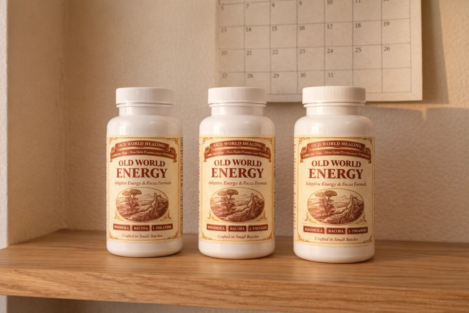 Three Old World Energy bottles in a row, the twelve week training block