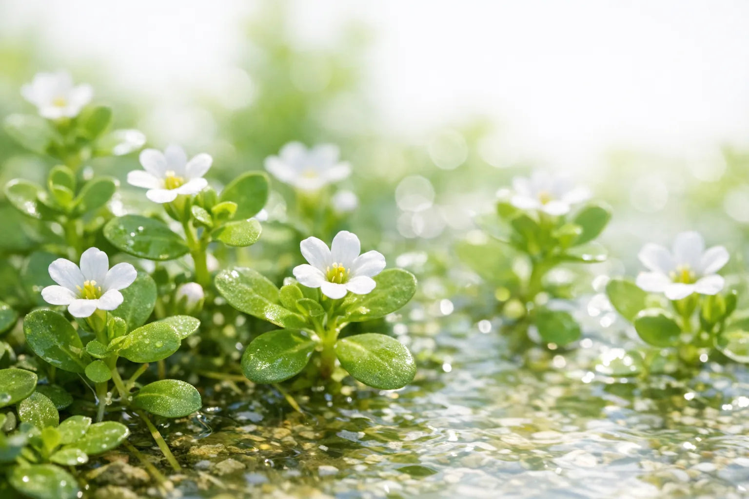 Fresh bacopa monnieri with small oval leaves and pale flowers growing in shallow water